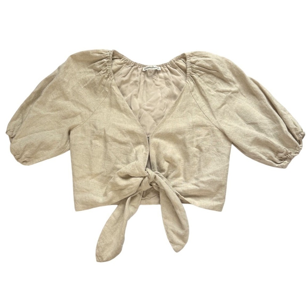 Abercrombie & Fitch Top Beige Linen Blend Puff Sleeve Tie Front Crop X Small